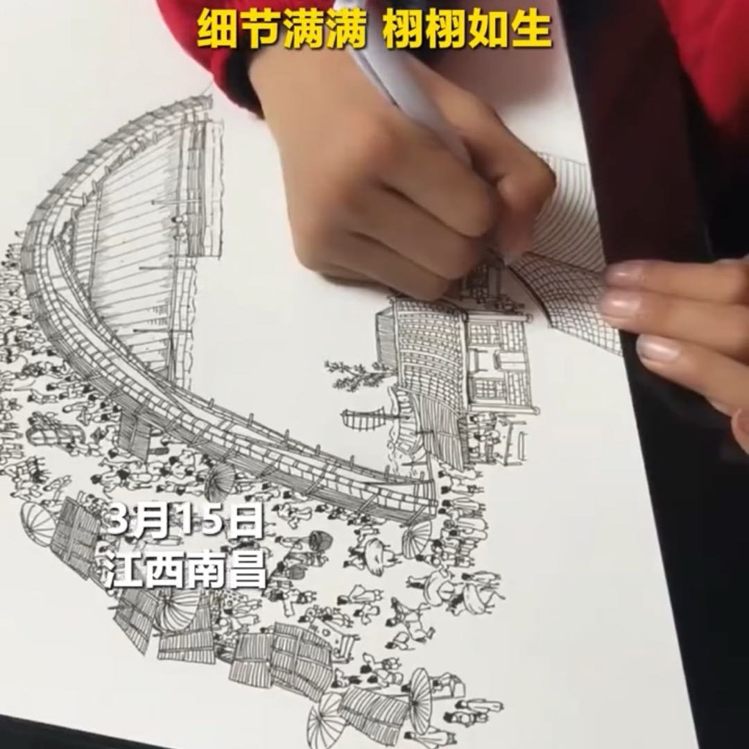 13岁初中男孩提笔再现清明上河图