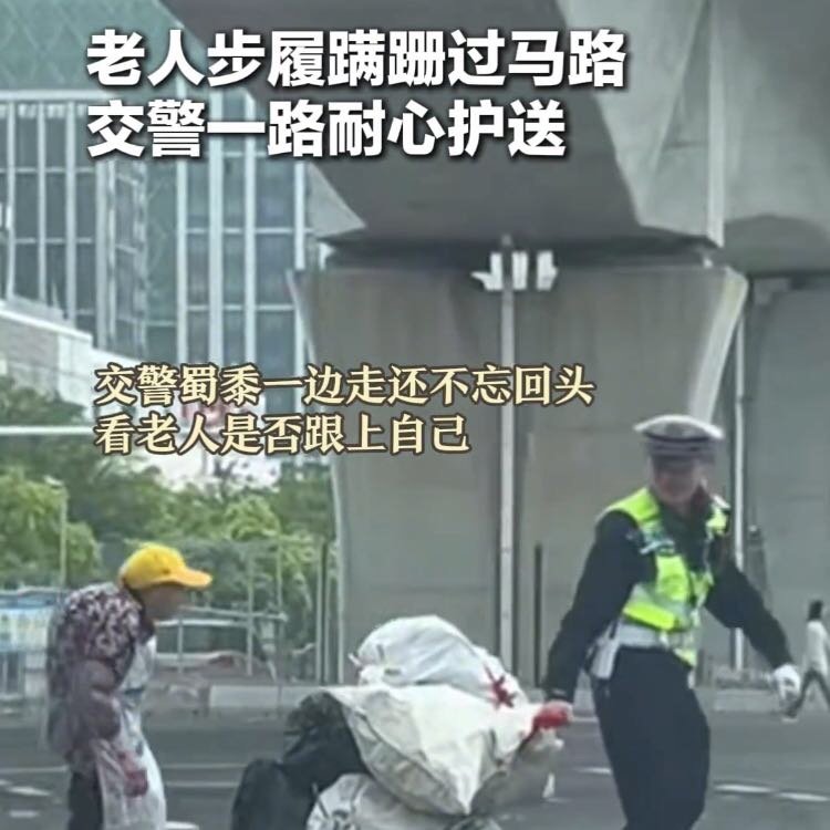 老人步履蹒跚过马路暖心交警一路护送